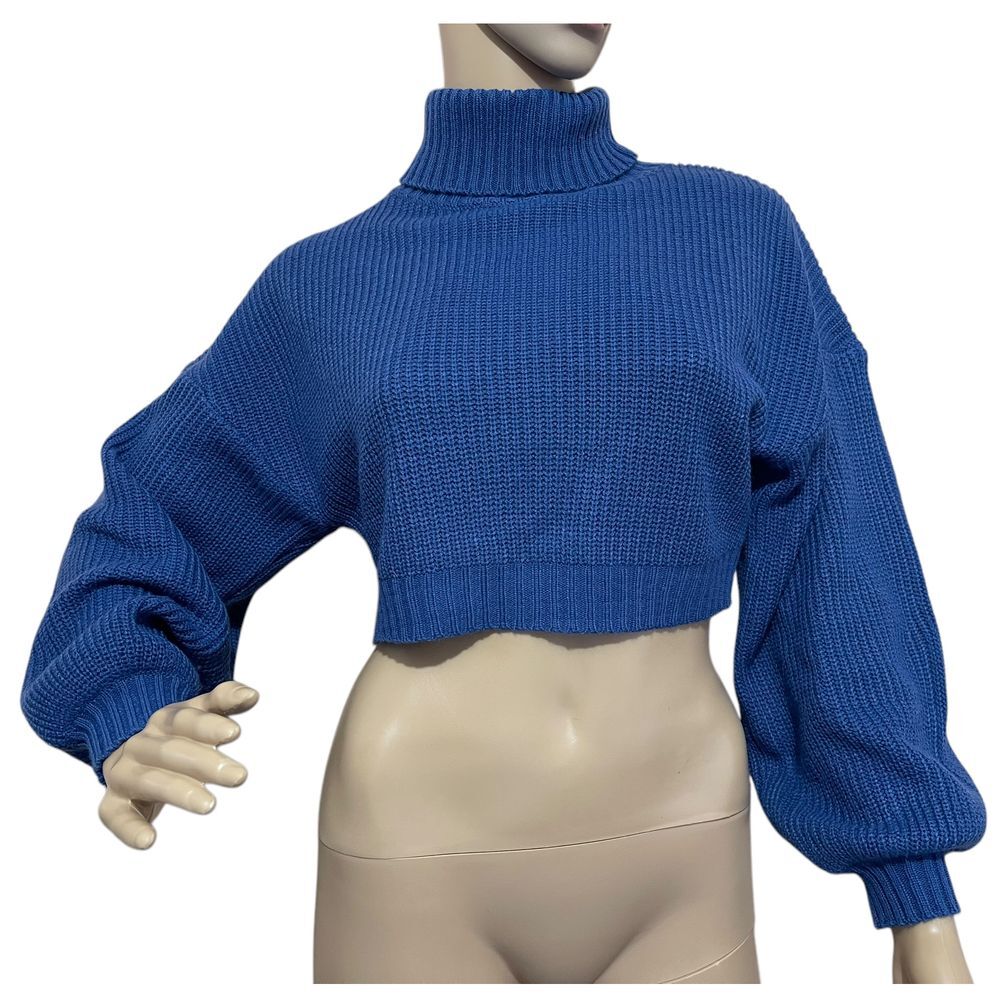 ZAFUL Blue Cropped Turtleneck Sweater Size M Balloon Sleeve Chunky Knit Winter